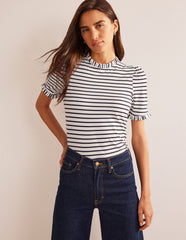 Boden Supersoft Frill Detail T-shirt - Ivory, Navy Stripe