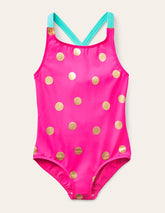Boden Cross - back Printed Swimsuit - Fuchsia Pink, Gold Foil Spot