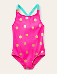 Boden Cross - back Printed Swimsuit - Fuchsia Pink, Gold Foil Spot