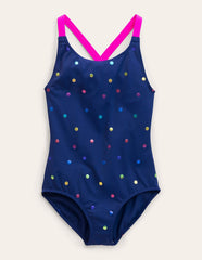 Boden Cross - back Printed Swimsuit - Navy, Rainbow Foil Confetti