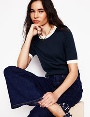Boden Emilia Cotton Crew T-shirt - Navy, Warm Ivory