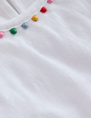 Boden Ali Puff Sleeve Pom T-shirt - White