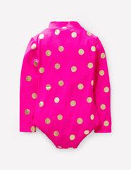 Boden Long - Sleeved Swimsuit - Fuchsia Pink, Gold Foil Spot
