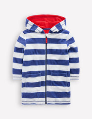 Boden Towelling Zip - Up Throw - On - Sapphire Blue Stripe