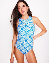 Boden Sporty Zip Back Swimsuit - Bright Blue, Blossomy