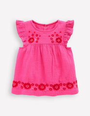 Boden Double Cloth Frill Sleeve Top - Sorbet Pink Embroidered