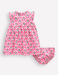 Boden Jersey Frill Sleeve Dress - Pink Rose Woodblock Floral