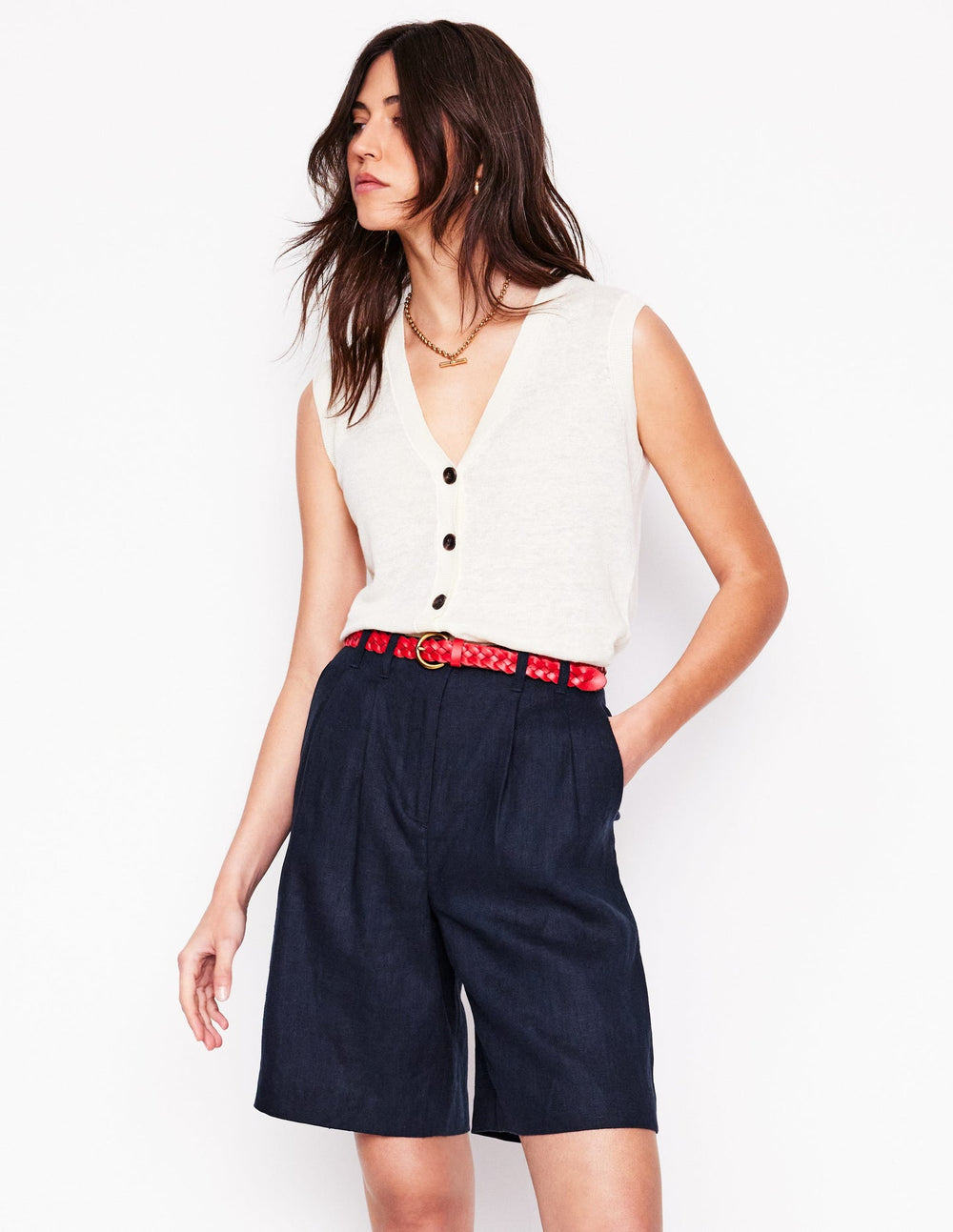 Boden Pleat Linen Wide Leg Shorts - Navy