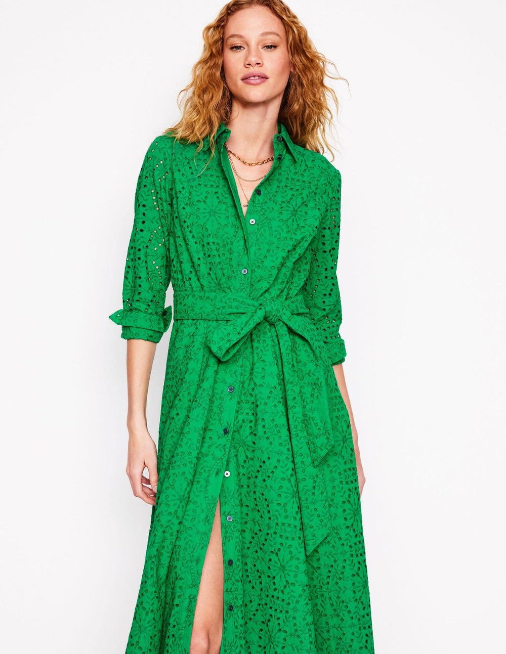 Boden Amy Broderie Midi Shirt Dress - Rich Emerald