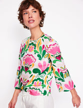 Boden Fluted Sleeve Linen Top - Multi, Freesia Stamp