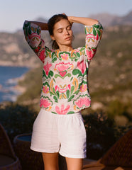 Boden Fluted Sleeve Linen Top - Multi, Freesia Stamp