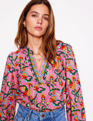 Boden Cotton Notch Neck Top - Pink Rose, Foliage Trail