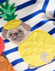 Boden Short Sleeve Appliqué T-shirt - Bright Blue Stripe Fruit Dogs