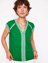 Boden Hazel Cotton Embroidered Top - Rich Emerald