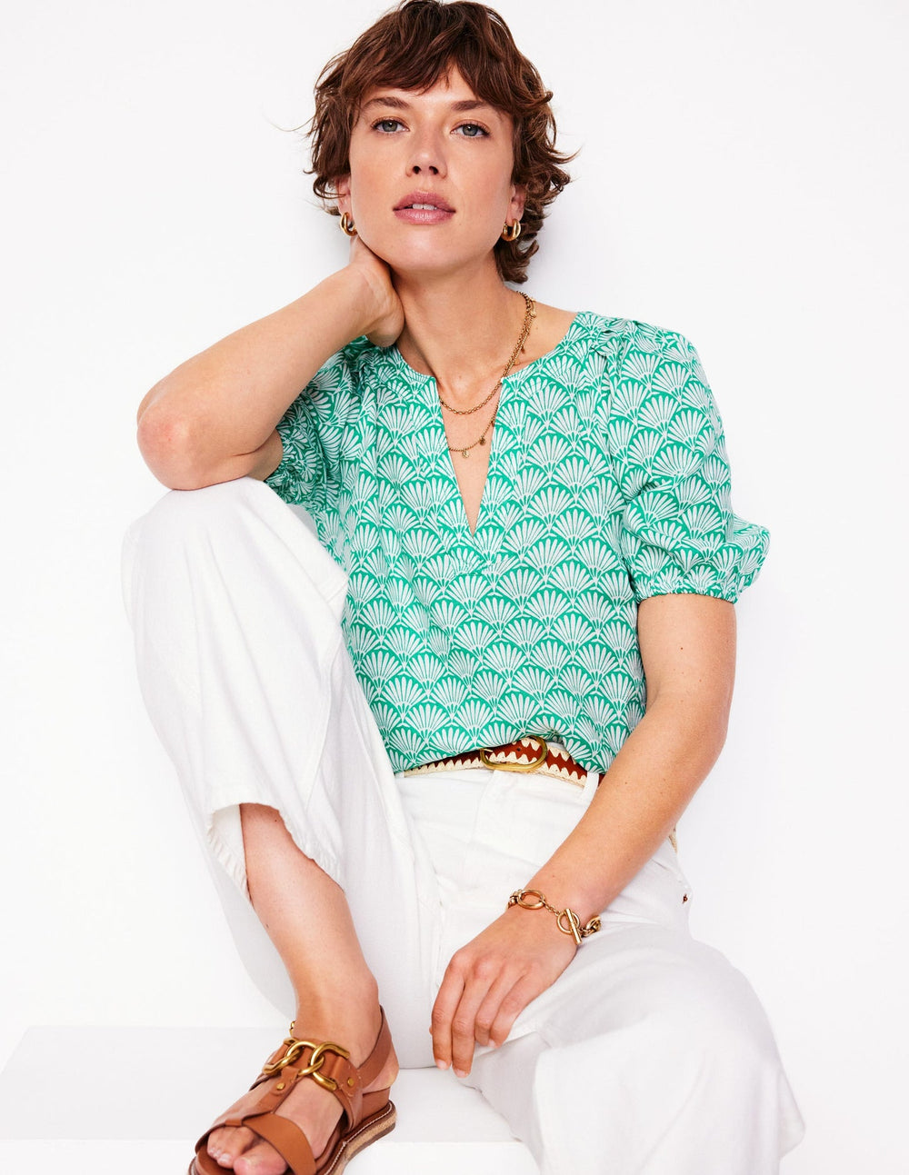 Boden Brooke Linen Top - Aquamarine, Deco Palm