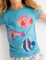 Boden Puff Sleeve Superstitch Top - Aqua Sea Blue Fish