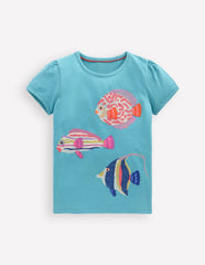 Boden Puff Sleeve Superstitch Top - Aqua Sea Blue Fish