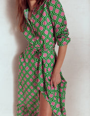 Boden Mia Tiered Shirt Dress - Rich Emerald, Geo Trellis