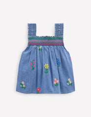 Boden Smocked Woven Top - Chambray Cross Stitch Flowers