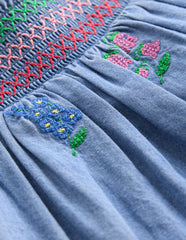 Boden Smocked Woven Top - Chambray Cross Stitch Flowers