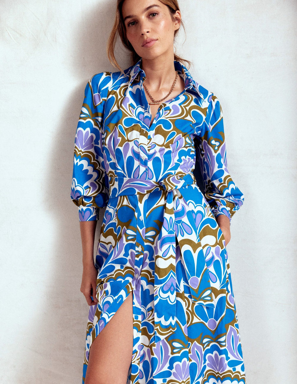 Boden Clara Cotton Shirt Dress - Kingfisher Blue, Freesia Stamp