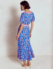 Boden Ellie Flutter Maxi Tea Dress - Kingfisher Blue, Foliage Trail