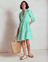 Boden Esme Linen Short Dress - Aquamarine Blue, Deco Palm