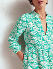 Boden Esme Linen Short Dress - Aquamarine Blue, Deco Palm
