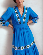 Boden Elena Double Cloth Midi Dress - Blue Embroidery
