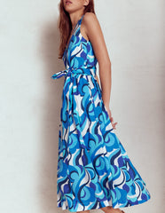 Boden V - Neck Belted Flare Dress - Blue, Abstract Swirl