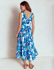 Boden V - Neck Belted Flare Dress - Blue, Abstract Swirl