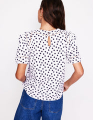 Boden Mila Trim Detail Top - Ivory, French Navy Dot