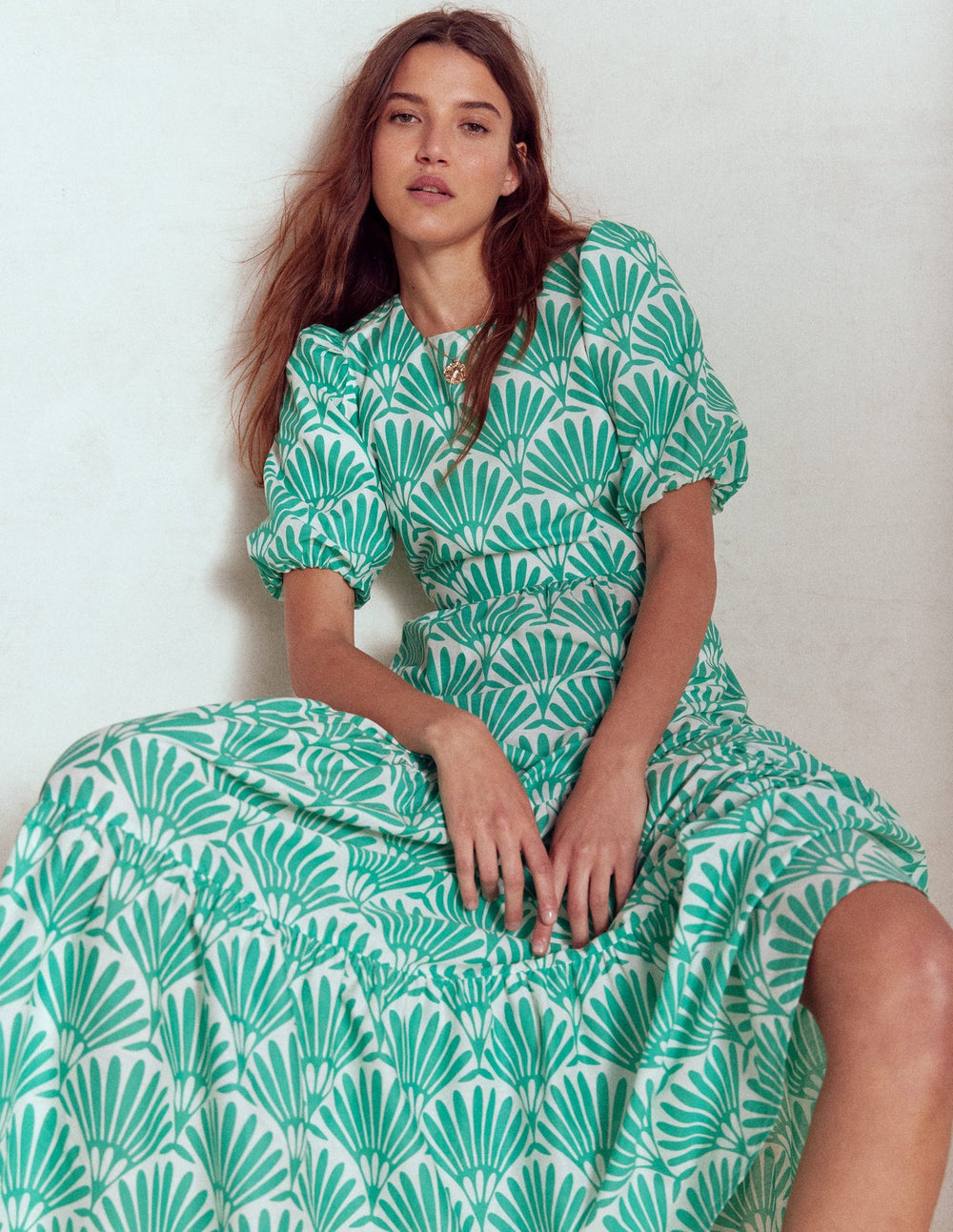 Boden Tiered Poplin Maxi Dress - Aquamarine Blue, Deco Palm