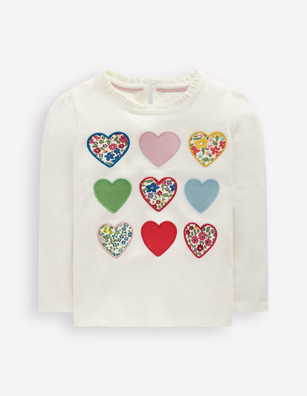 Boden Frill Neck Appliqué T-shirt - Soft Ivory Hearts