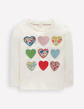 Boden Frill Neck Appliqué T-shirt - Soft Ivory Hearts