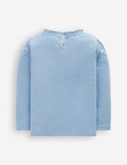 Boden Frill Neck Appliqué T-shirt - Glacier Blue Flowers