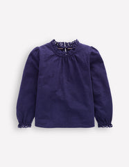 Boden Broderie Trim Jersey Top - Starboard Blue