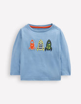 Boden Long Sleeve Applique T-shirt - Blue Rockets