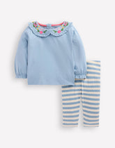 Boden Collared Jersey Set - Blue Floral Embroidery
