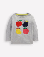 Boden Long Sleeve Applique T-shirt - Grey Marl Apples