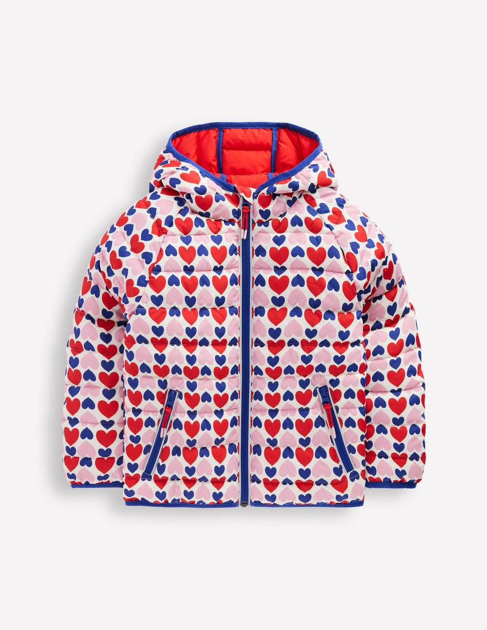 Boden Pack - away Padded Jacket - Poppy Red Geo Heart
