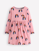 Boden Heart Pocket Fun Jersey Dress - Vintage Pink Spaced Pups
