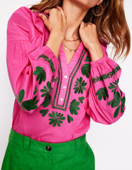 Boden Raglan Embroidered Cotton Top - Sorbet Pink