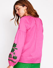 Boden Raglan Embroidered Cotton Top - Sorbet Pink