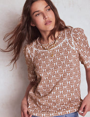 Boden Mila Lace Trim Top - Ivory and Cognac, Ornate Geo