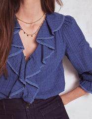 Boden Ruffle V - Neck Blouse - Denim Blue