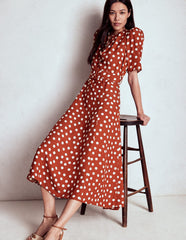 Boden Kate Puff Sleeve Belted Dress - Brown, Painted Dot