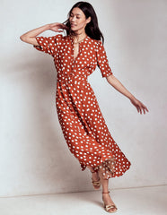 Boden Kate Puff Sleeve Belted Dress - Brown, Painted Dot
