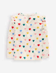 Boden Frill Sleeve Slub Top - Rainbow Hearts