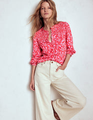 Boden Elsa Smocked Yoke Jersey Shirt - Poppy Red, Ornate Vine